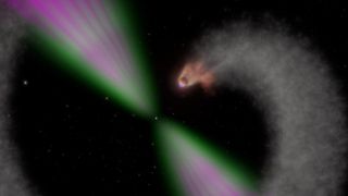 Pulsars like the one shown here emit a lighthouse-like beam of light (magenta) as they rotate.