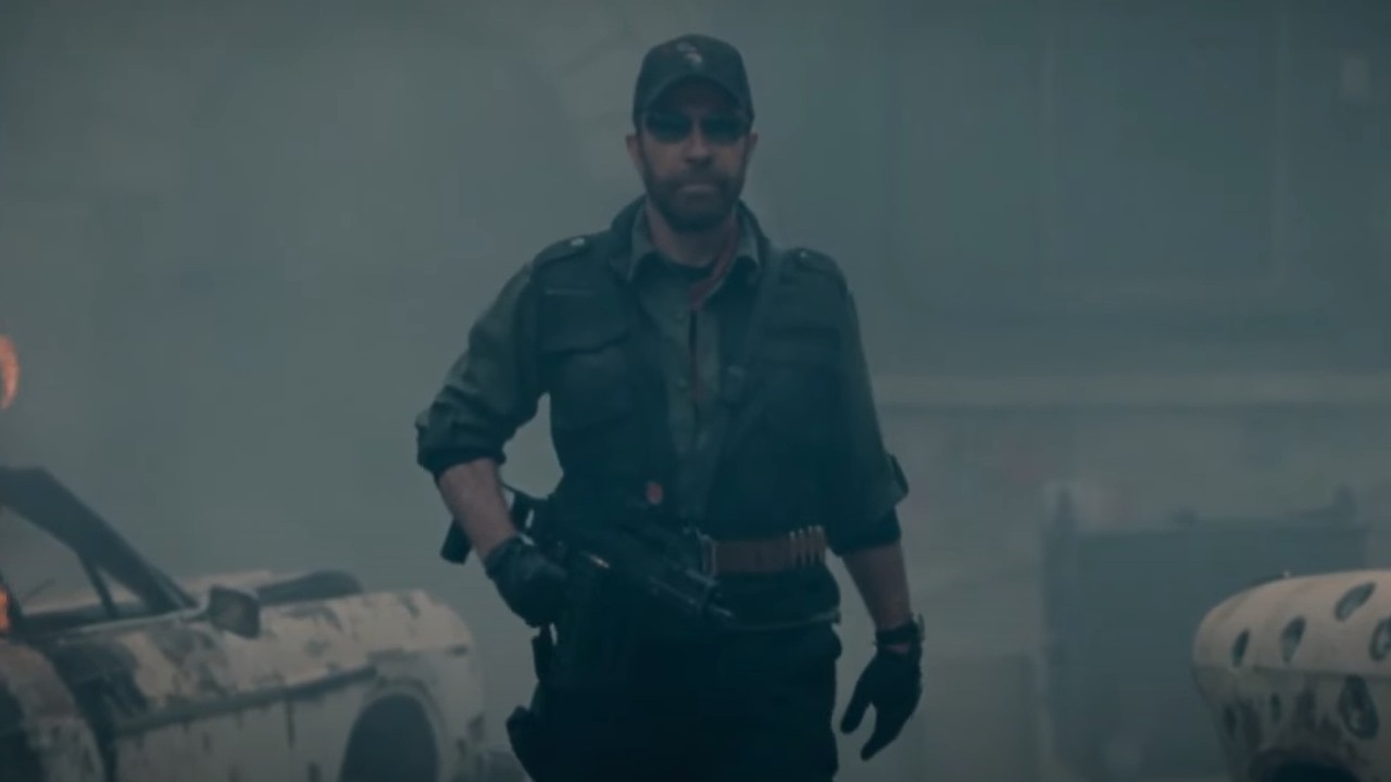 Chuck Norris making a grand entrance in The Expendables 2
