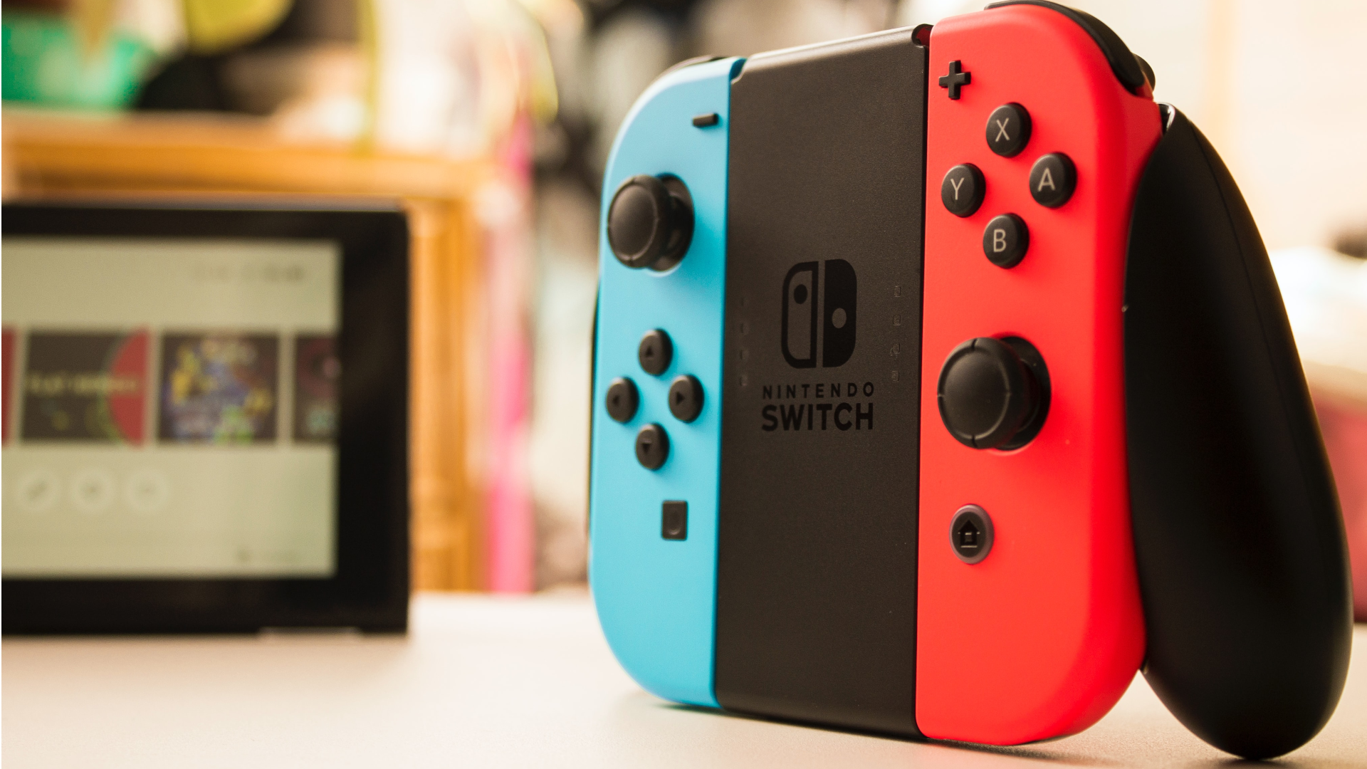 Red and blue Nintendo Switch Joy-Cons in controller shell