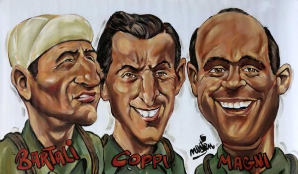 A cariacature depicting (from left) three giants of Italian cycling: Gino Bartali, Fausto Coppi and Fiorenzo Magni