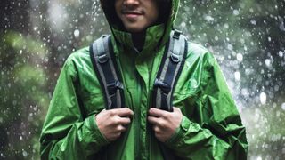 徒步旅行者在雨中穿着防水夹克