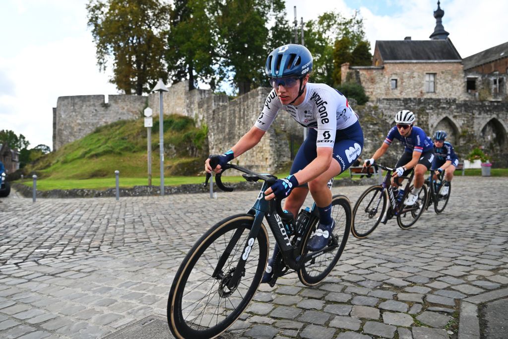 BINCHE BELGIUM OCTOBER 03 Pfeiffer Georgi of Great Britain and Team DSMFirmenich competes during the 36th Binche Chimay Binche Mmorial Frank Vandenbroucke 2023 a 1986km one day race from Binche to Binche UCIWT on October 03 2023 in Binche Belgium Photo by Luc ClaessenGetty Images