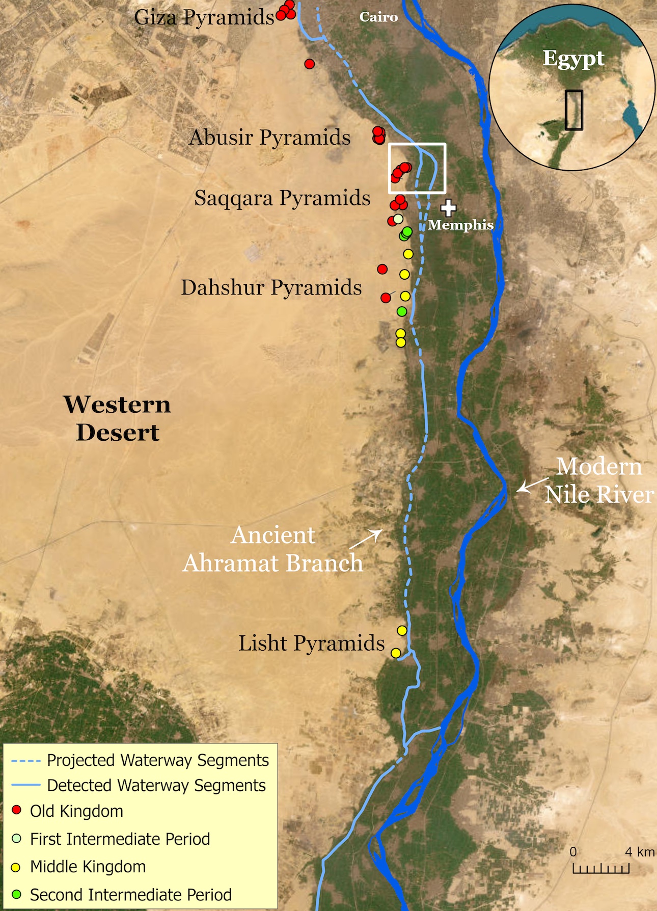 A map of northern Egypt that shows landmarks from the Giza Pyramids at the top to the Lisht Pyramids at the bottom. Vertically through the middle of the map, the modern Nile River cuts through, and to its left, a thinner line depicts projected and detected waterways. The Western Desert lies to the left.
