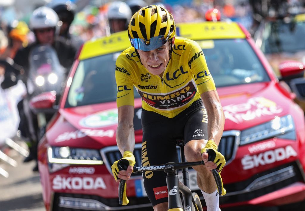 JumboVisma teams Danish rider Jonas Vingegaard wearing the overall leaders yellow jersey cycles in the final kilometers of the 18th stage of the 109th edition of the Tour de France cycling race 1432 km between Lourdes and Hautacam in the Pyrenees mountains in southwestern France on July 21 2022 Photo by Thomas SAMSON AFP Photo by THOMAS SAMSONAFP via Getty Images