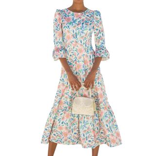 Victoria Round Neck Printed Cotton Sateen Dress | Clematis Vines Pink/blue