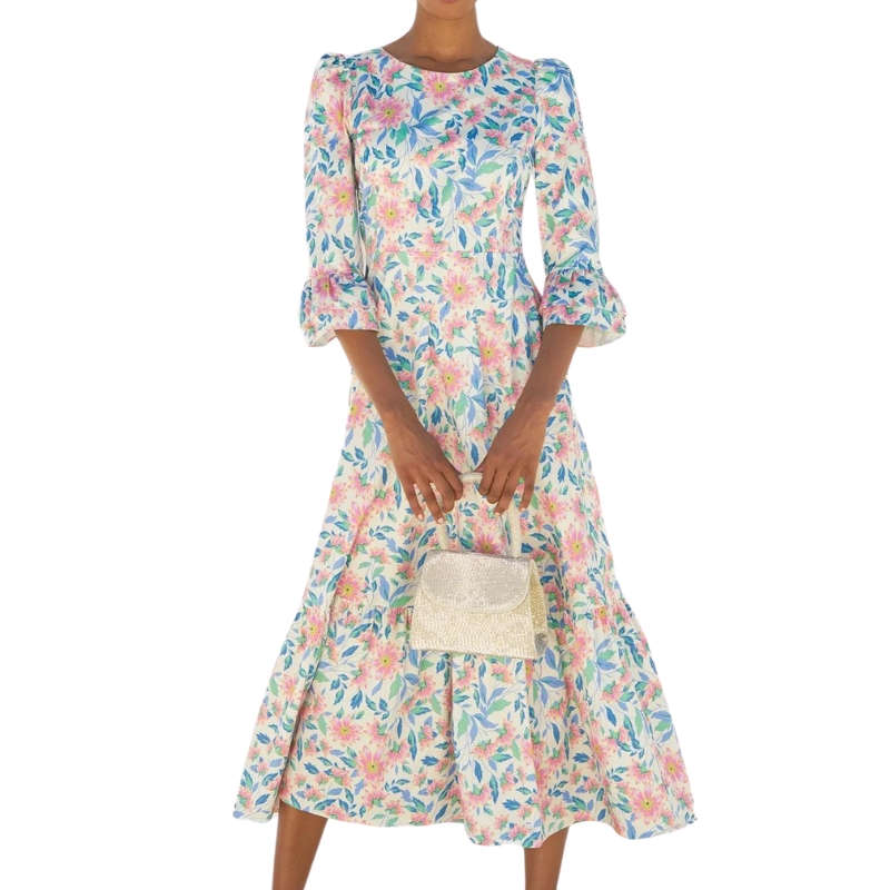 Victoria Round Neck Printed Cotton Sateen Dress | Clematis Vines Pink/blue