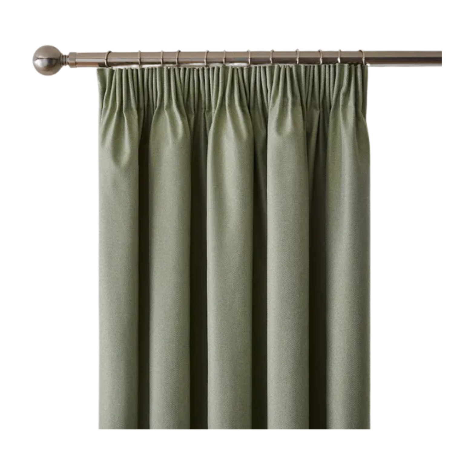 A sage blackout curtain on a metal rung