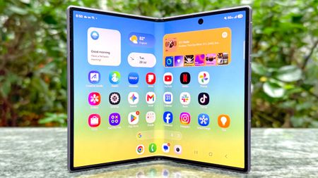 Samsung Galaxy Z Fold 8 shown open on a stone bench