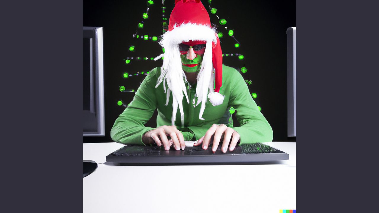 Christmas card artwork of a hacker themed around Frosty the Grinch generated by AI