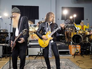Billy Gibbons rehearses with Mick Fleetwood, Kirk Hammett and Zak Starkey for Mick Fleetwood & Friends Celebrate the Music of Peter Green tribute show. The night's tribute to Green was held at the London Palladium on February 25.