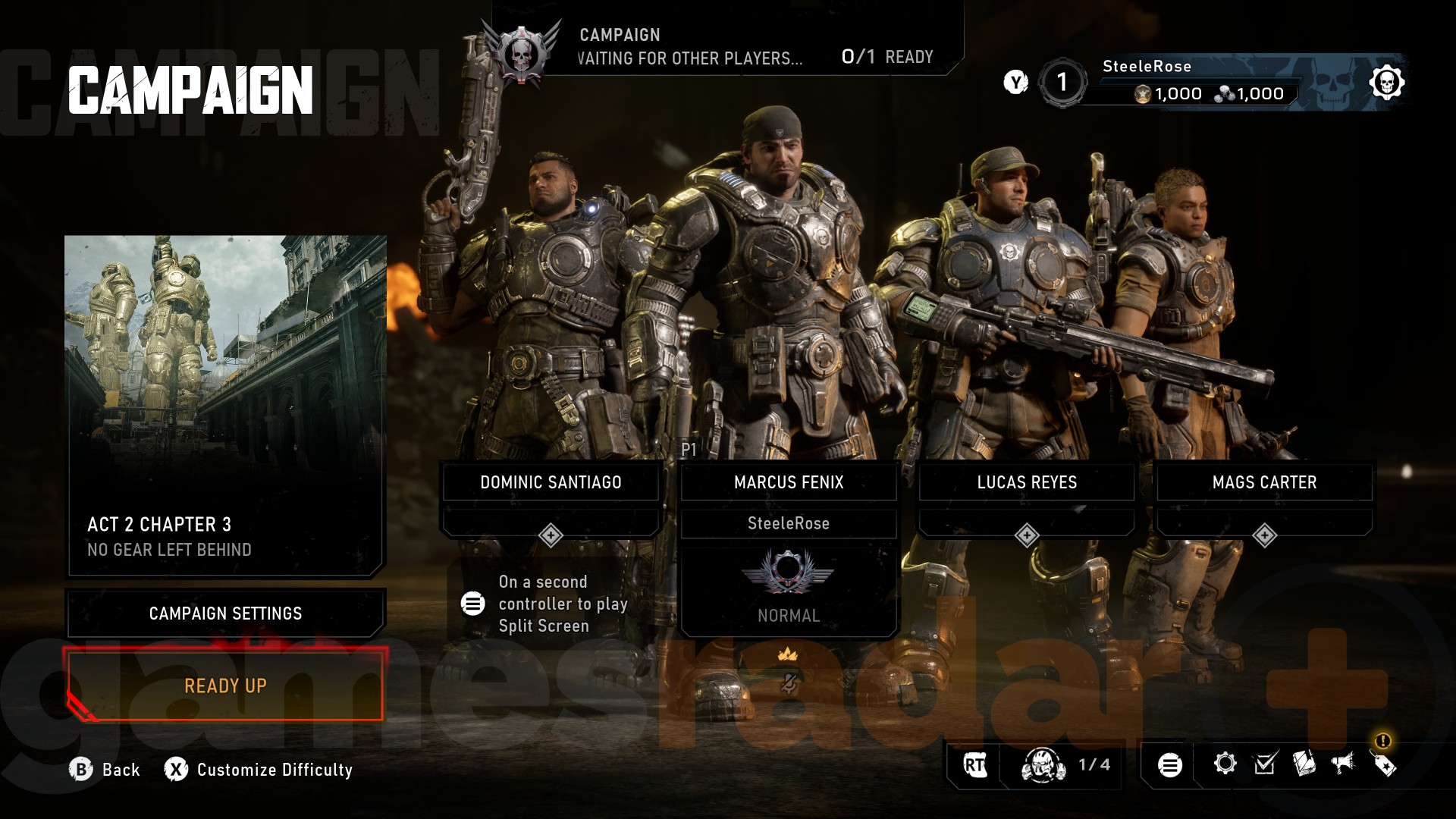 The Gears of War E-Day co-op campaign lobby screen.