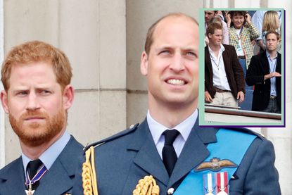 Prince William and Prince Harry wearing military uniforms and drop in image of them in the audience at Concert for Diana