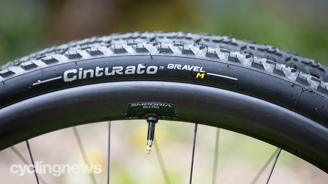 HED Emporia GC3 Pro gravel wheelset detail showing shadowed rim and tyre
