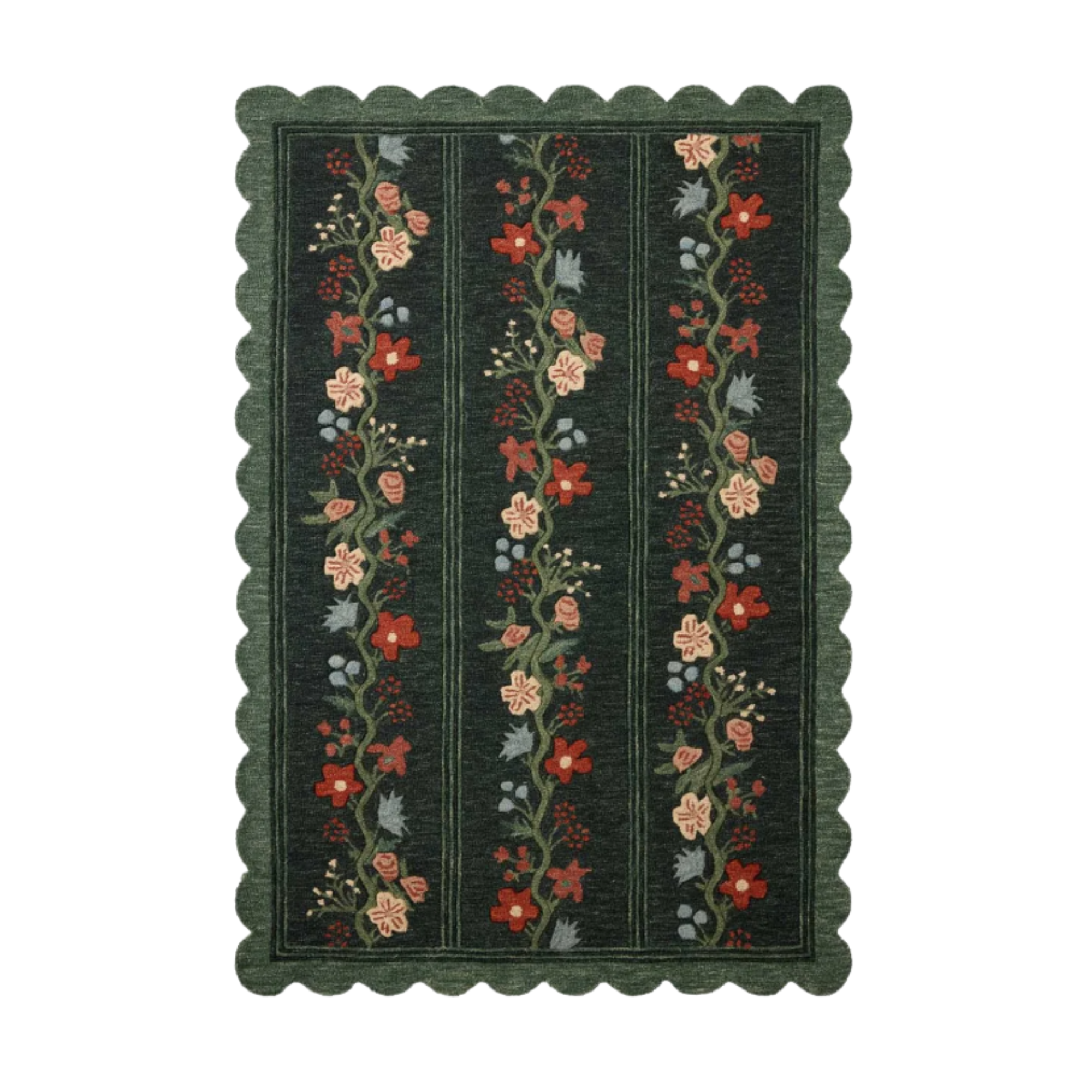 a dark green rug with floral vines climbing up it