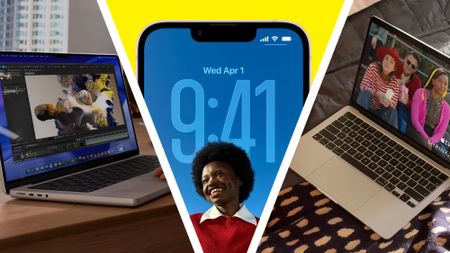 A MacBook Pro M5 Pro on a desk next to an iPhone 17e on a yellow background next to a MacBook Air M5 on a bed