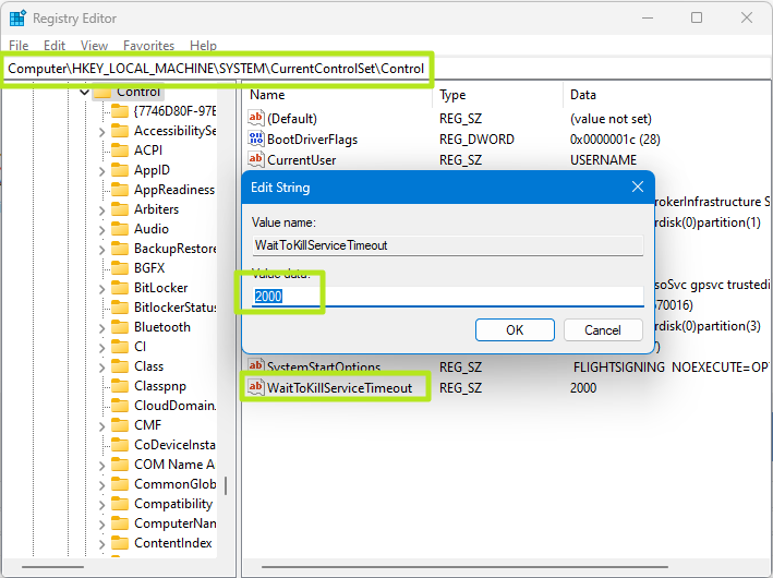 Set waittokillservicetimeout to 2000