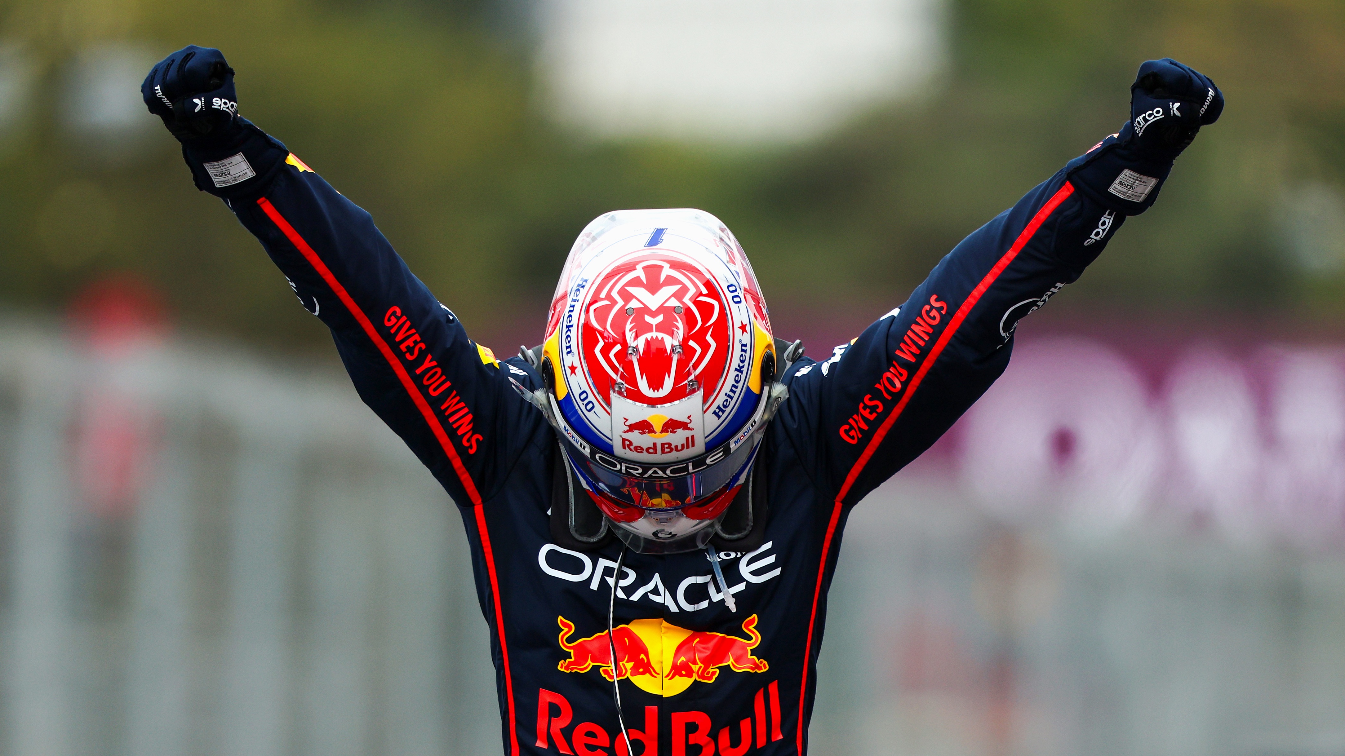 Race winner Max Verstappen of the Netherlands and Oracle Red Bull Racing celebrates on arrival in parc ferme during the F1 Grand Prix of Azerbaijan at Baku City Circuit on September 21, 2025 in Baku, Azerbaijan.