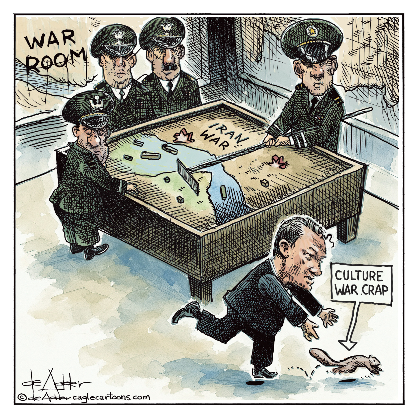 Four serious-looking military generals are in the war room gathered around a table with Iran war plans and maps. Pete Hegseth is chasing after a squirrel labeled &amp;ldquo;culture war crap&amp;rdquo;.