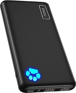 A slim black rectanuglar portable phone charger with a be paw print in the bottom left corner. 