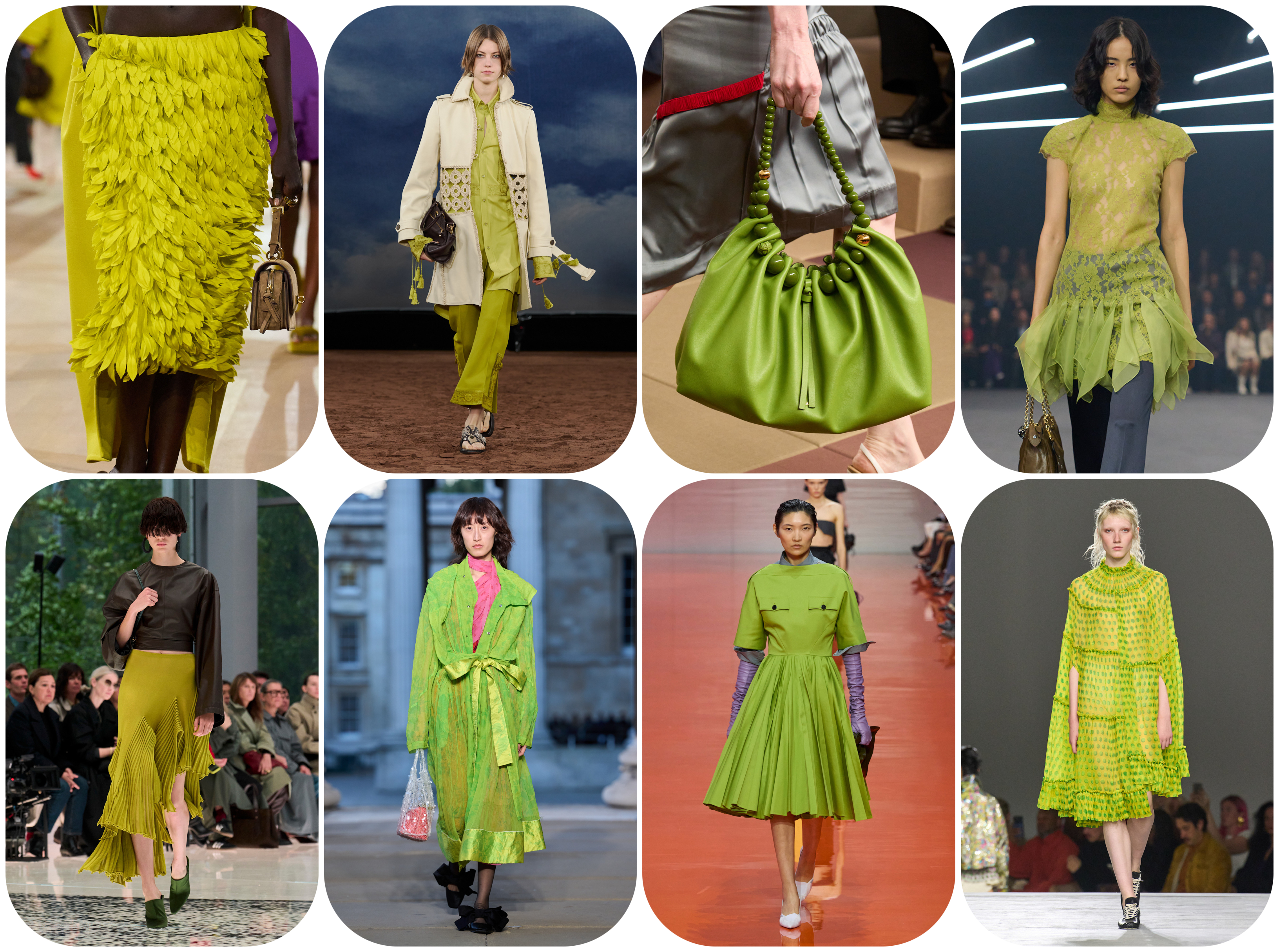 spring 2026 color trends, electric moss green at Balenciaga, Burberry, Fendi, Valentino, Ala&amp;iuml;a, Erdem, Prada, and Dries Van Noten Spring 2026 runways