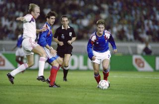 Didier Deschamps (on the ball) and Eric Cantona (centre) in action for France against Czechoslovakia at Euro 92.