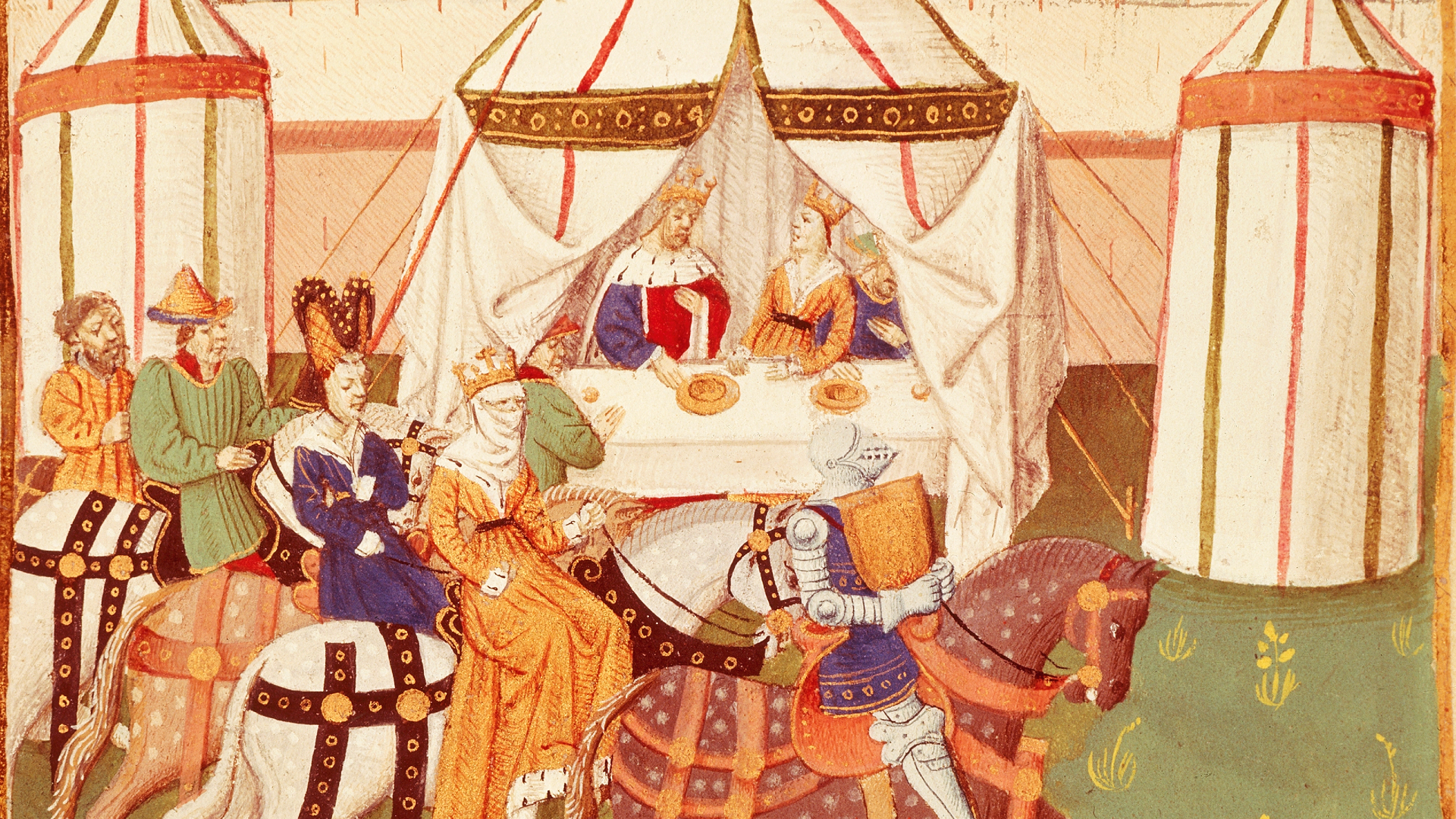 An old painting shows a royal couple sitting behind a white cloth-covered table as a band of well-dressed individuals in horses ride by from the left of the image to the right.