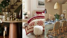 Non-traditional Christmas decor ideas. Modern entryway with gold decor. White and red bedroom with christmas bedding. Blue dining room with decorated table.