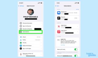 Apple Account screen in the Settings app showing subscriptions