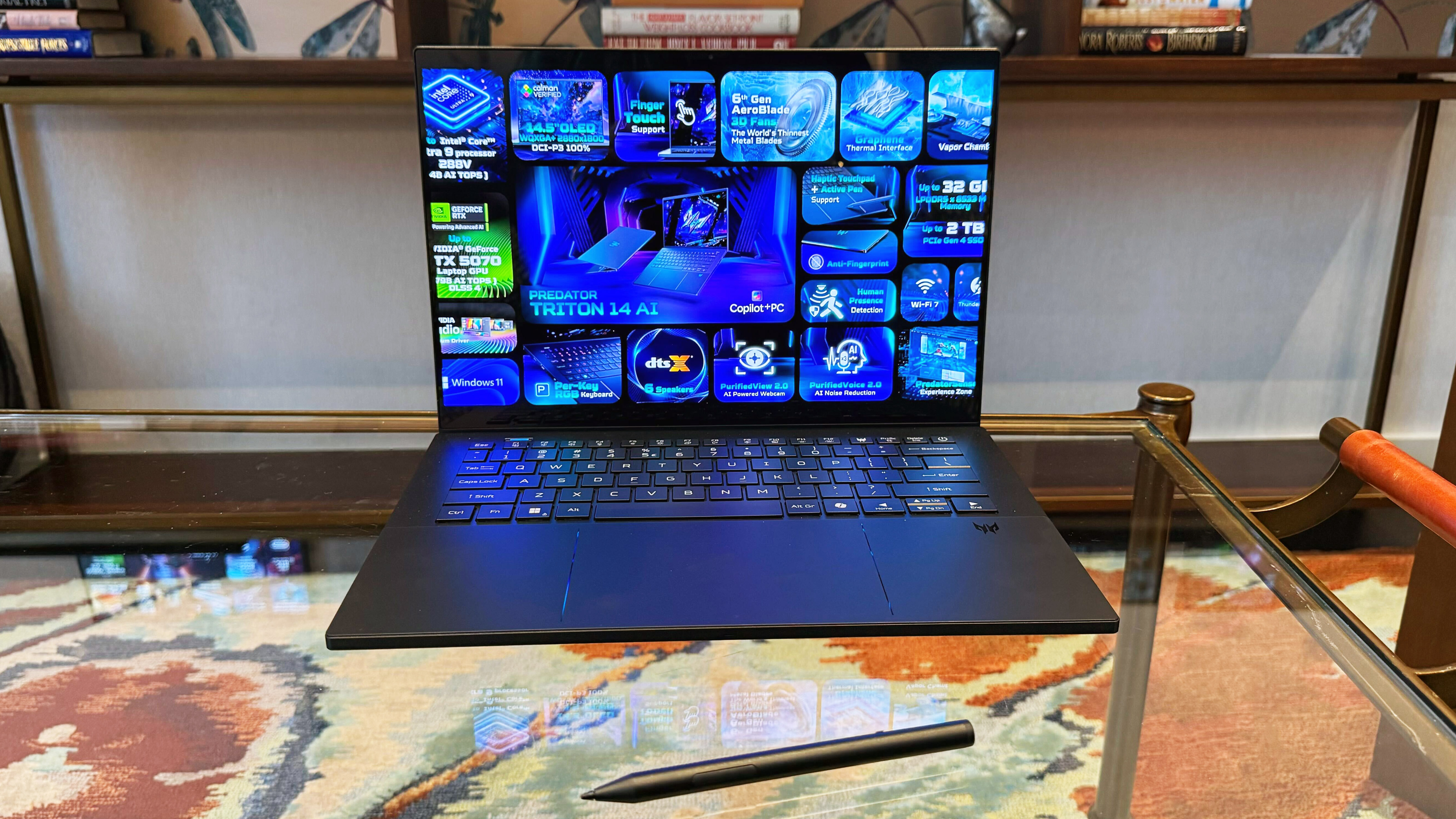 Acer Predator Triton 14 AI gaming laptop on a glass table.