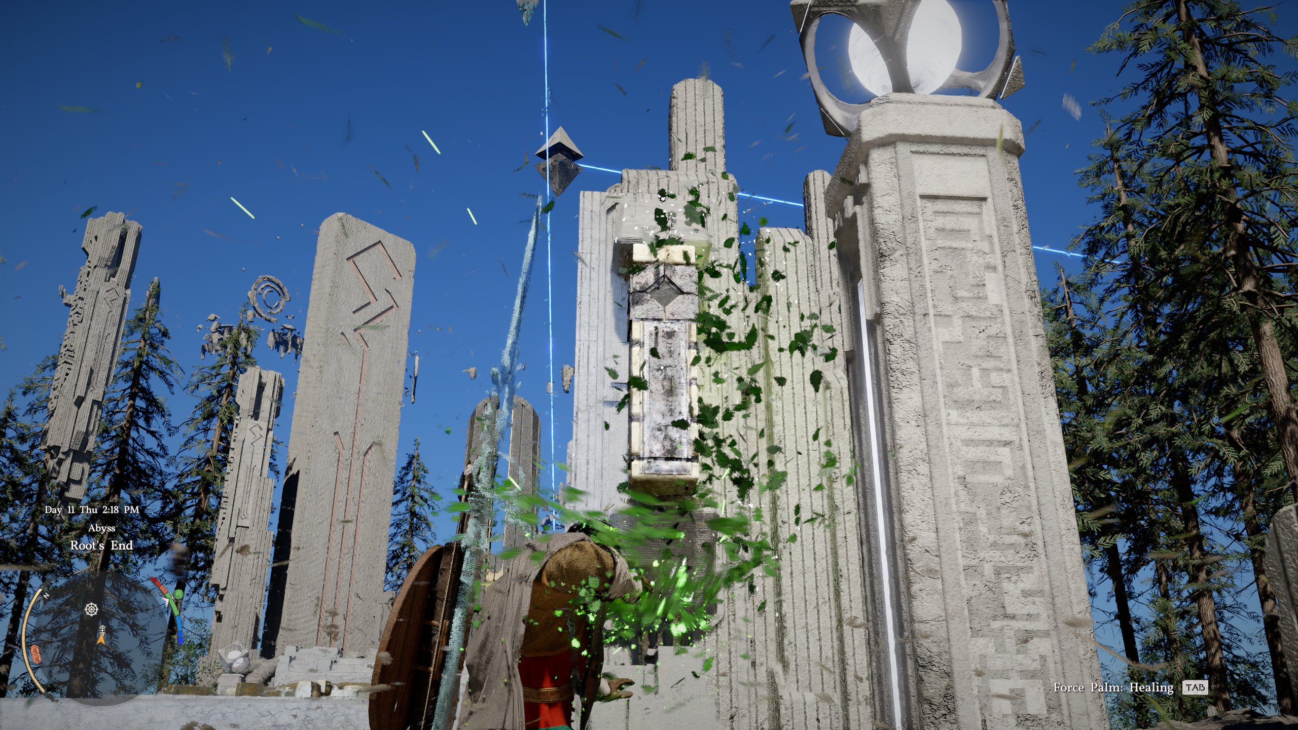 Crimson Desert Root's End: Kliff using Force Palm on a blue crystal to slot it into a post.