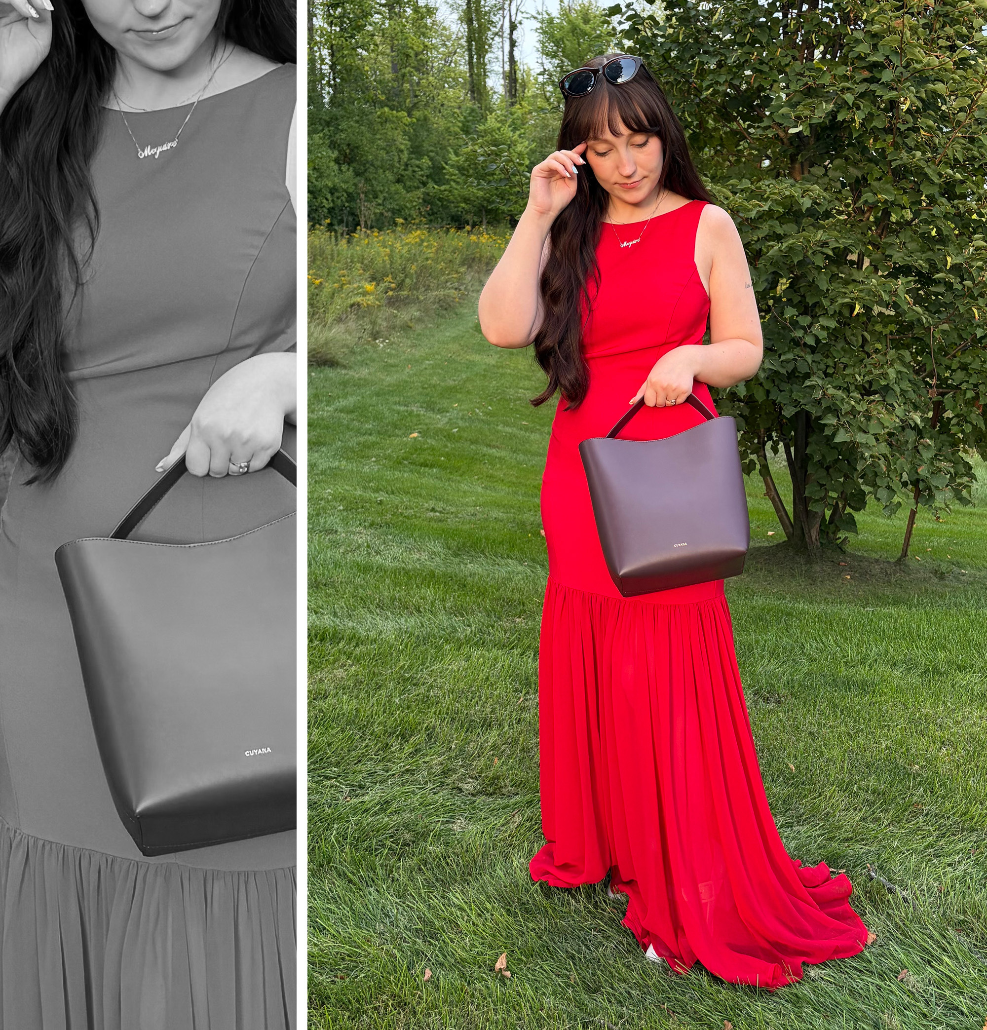 Meguire Hennes wearing the red-and-purple color combination trend for The A-List Edit