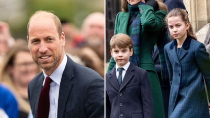 Composite of a picture of Prince William during a visit to Swiss Valley Community Primary School in 2024 and a picture of Princess Charlotte and Prince Louis on Christmas Day 2024