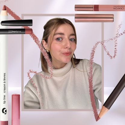 samantha holender on a pink background surrounded by lip liners