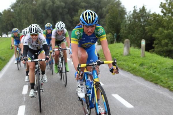 Chantal Blaak (AA Drink) grits her teeth at the front of the break
