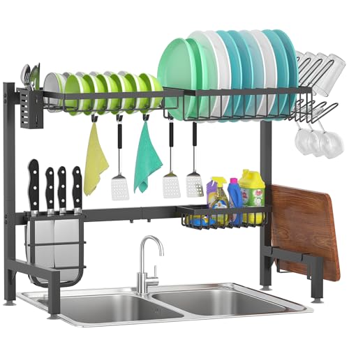 Freeamg Over the Sink Drainer Rack With Fruit Basket, Expandable Over Sink Dish Rack Adjustable Length(65~85cm), Rust-Proof Draining Board Rack, 2 Tier Over the Sink Dish Shelf With Metal Hooks(black)
