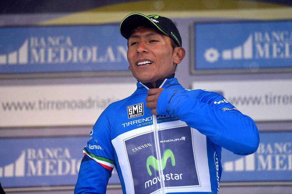 Nairo Quintana in the race leader's blue jersey.