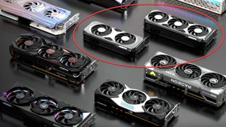 AMD Radeon RX 9070/9070 XT graphics cards with artistic renders of reference design cards circled 