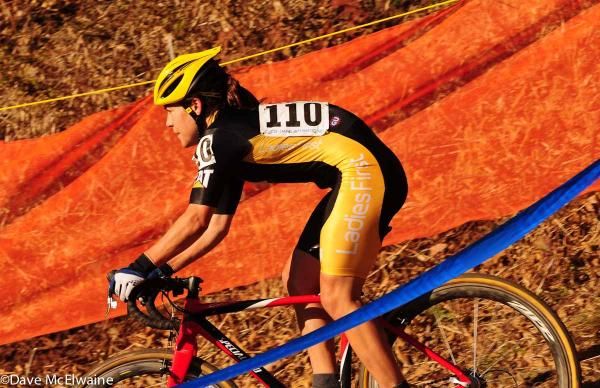 Crystal Anthony (Ladies First Racing) riding in fifth place on the descent.