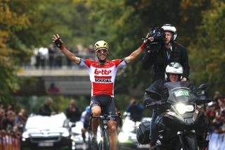 Philippe Gilbert celebrates on the Cauberg at the end of his farewell ride