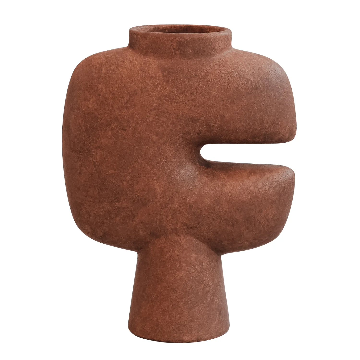 A terracotta-colored sculptural tribal vase