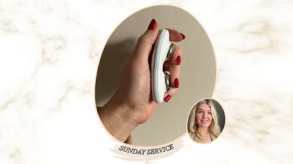 a hand with red nails holding the ziip halo microcurrent device against a beige wall, next to an image of beauty editor Fiona McKim