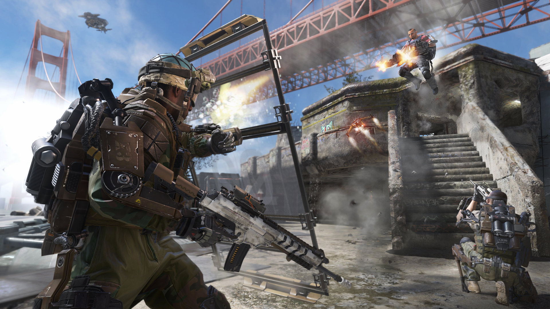Advanced Warfare: A soldier using a riot shot to block gunfire from another player jumping from a staircase with dual-wield machine guns.