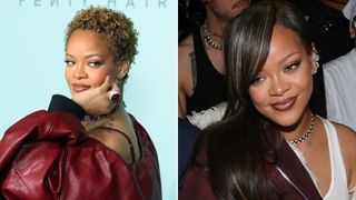 A split photo of Rihanna with honey blonde curls and a cool brunette blowout