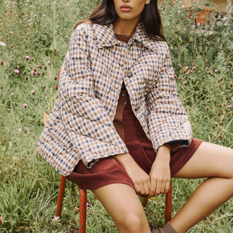 Beige Check Frill Quilted Jacket on model