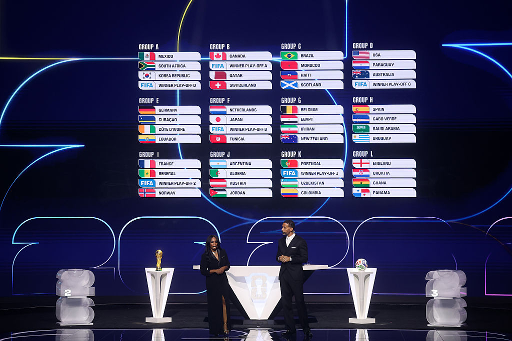 FIFA Legend Rio Ferdinand and Co-Conductor Samantha Johnson speak as the screen displays the final draw during the FIFA World Cup 2026 Official Draw