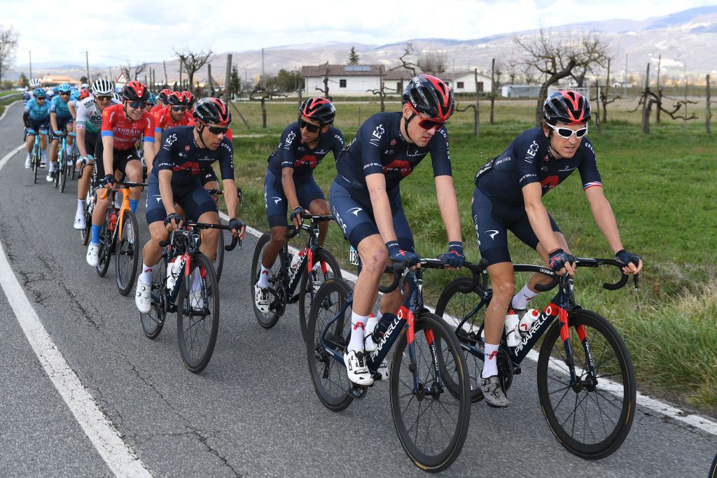 PRATI DI TIVO ITALY MARCH 13 Jonathan Nicolas Castroviejo Egan Arley Bernal Gomez of Colombia Pavel Sivakov of Russia Geraint Thomas of The United Kingdom and Team INEOS Grenadiers Grenadiers during the 56th TirrenoAdriatico 2021 Stage 4 a 148km stage from Terni to Prati di Tivo 1450m TirrenoAdriatico on March 13 2021 in Prati di Tivo Italy Photo by Tim de WaeleGetty Images