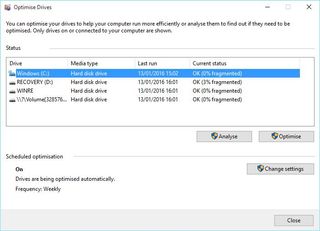 A screenshot of the Disk Defragmenter tool on Windows 10, with the drive 'Windows (C:)' selected and 0% fragmented.