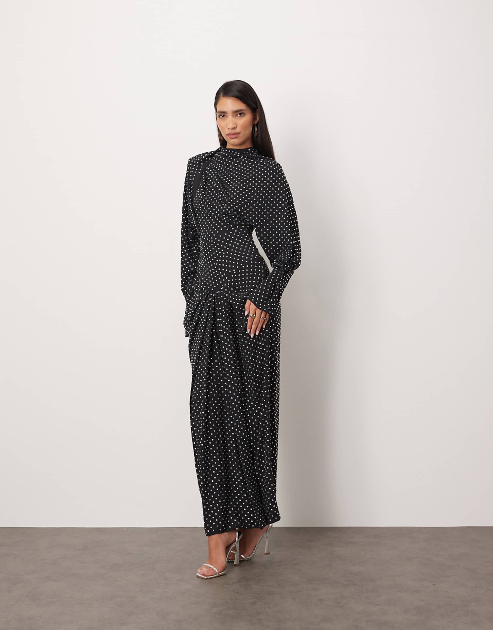 Arrange Rhinestone Embellished Drape Neck Strong Shoulder Maxi Dress With Open Back in Black