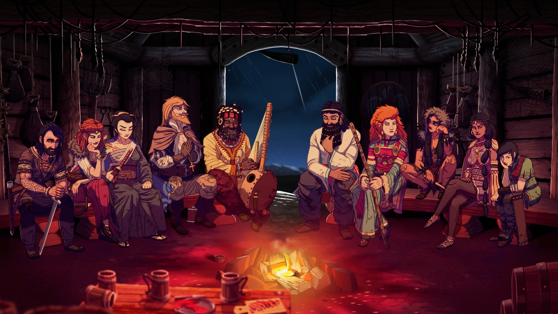 Characters gather around a fire to survive the night in Vinland