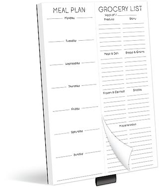 A white Evercio Meal Plan & Grocery List Magnetic Notepad for Refrigerator with days and detailed lists